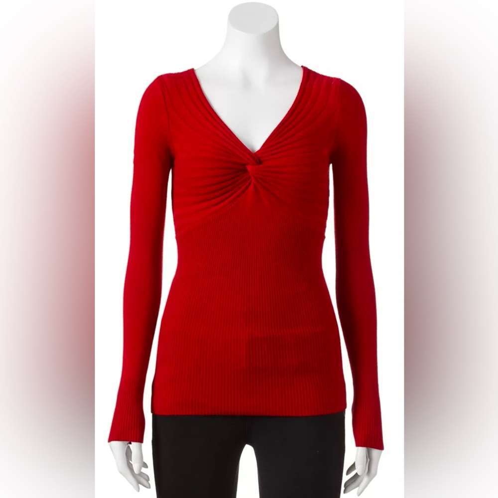 Candies long sleeve sweater with front twist detail. Color-Tango Red. Juniors-Lg